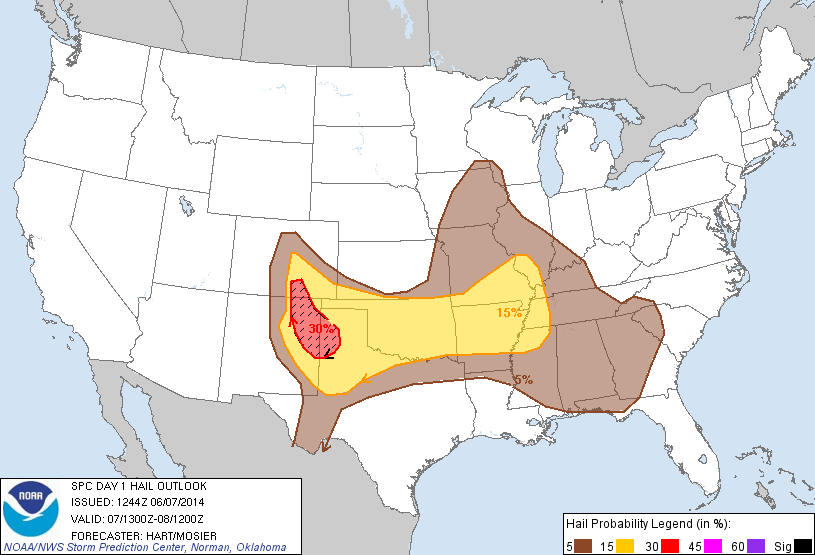 20140607 1300 UTC Day 1 Large Hail Probabilities Graphic