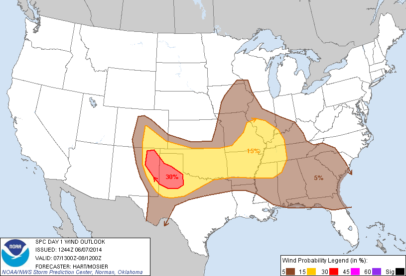 20140607 1300 UTC Day 1 Damaging Wind Probabilities Graphic