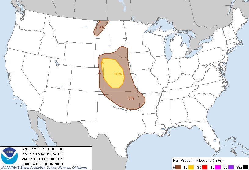 20140809 1630 UTC Day 1 Large Hail Probabilities Graphic