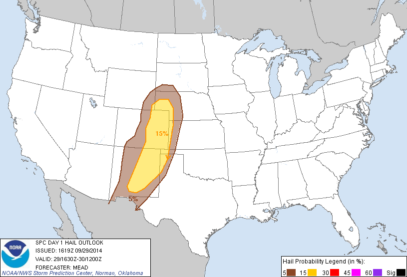 20140929 1630 UTC Day 1 Large Hail Probabilities Graphic