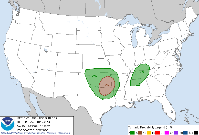 20141012 1300 UTC Day 1 Tornado Probabilities Graphic