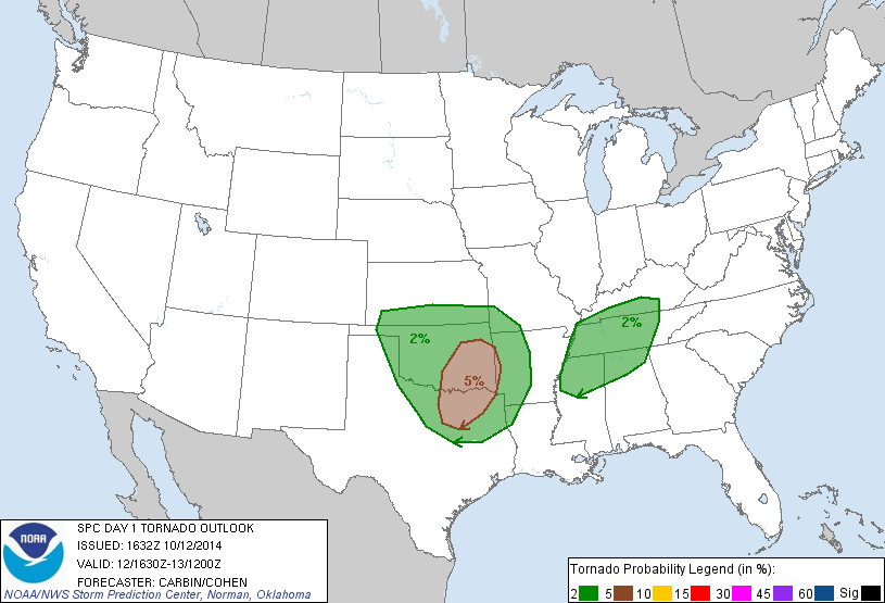 20141012 1630 UTC Day 1 Tornado Probabilities Graphic