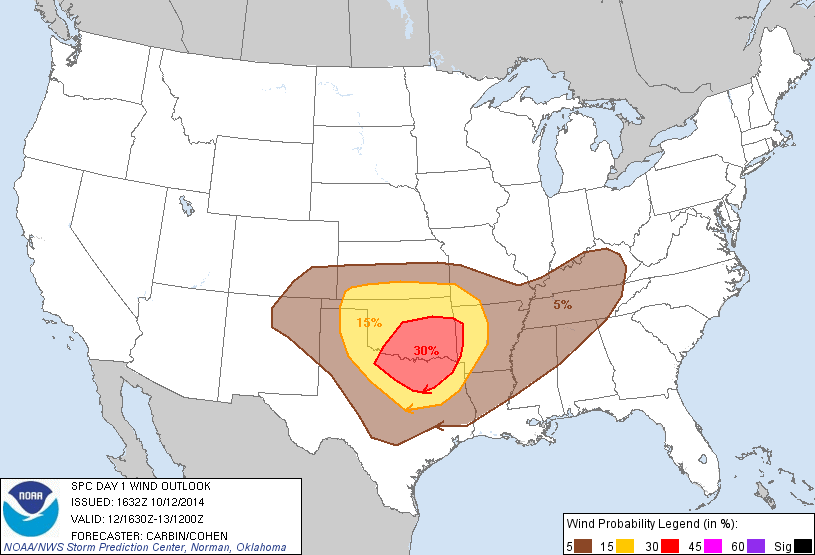 20141012 1630 UTC Day 1 Damaging Wind Probabilities Graphic