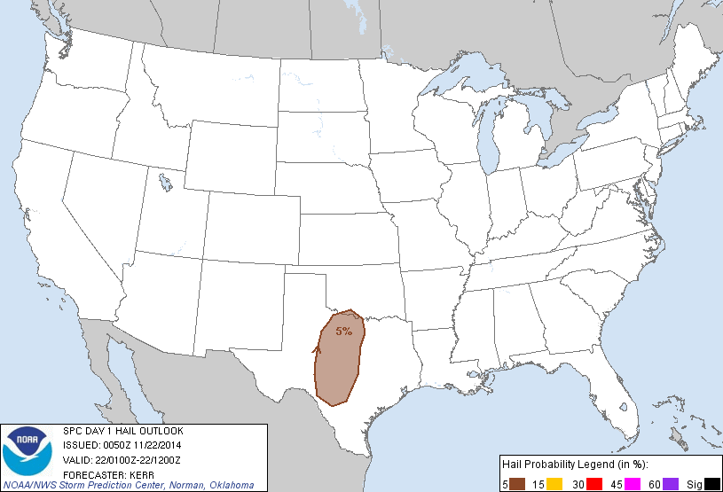 20141122 0100 UTC Day 1 Large Hail Probabilities Graphic
