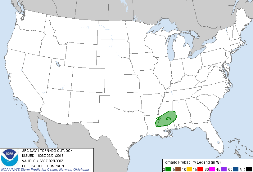 20150201 1630 UTC Day 1 Tornado Probabilities Graphic