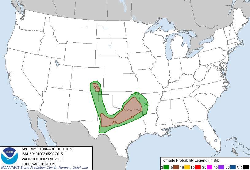 20150509 0100 UTC Day 1 Tornado Probabilities Graphic