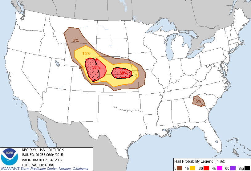 20150604 0100 UTC Day 1 Large Hail Probabilities Graphic