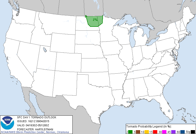 20150904 1630 UTC Day 1 Tornado Probabilities Graphic