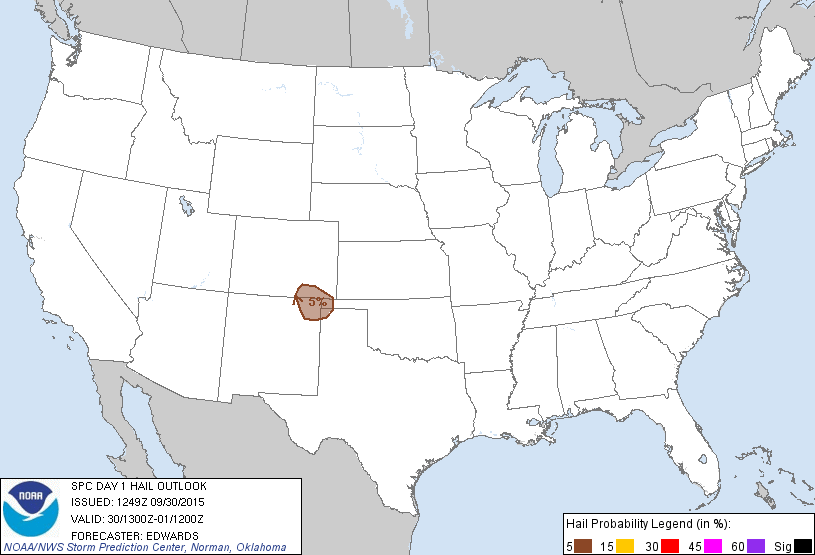 20150930 1300 UTC Day 1 Large Hail Probabilities Graphic