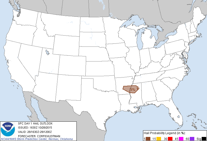 20151028 1630 UTC Day 1 Large Hail Probabilities Graphic