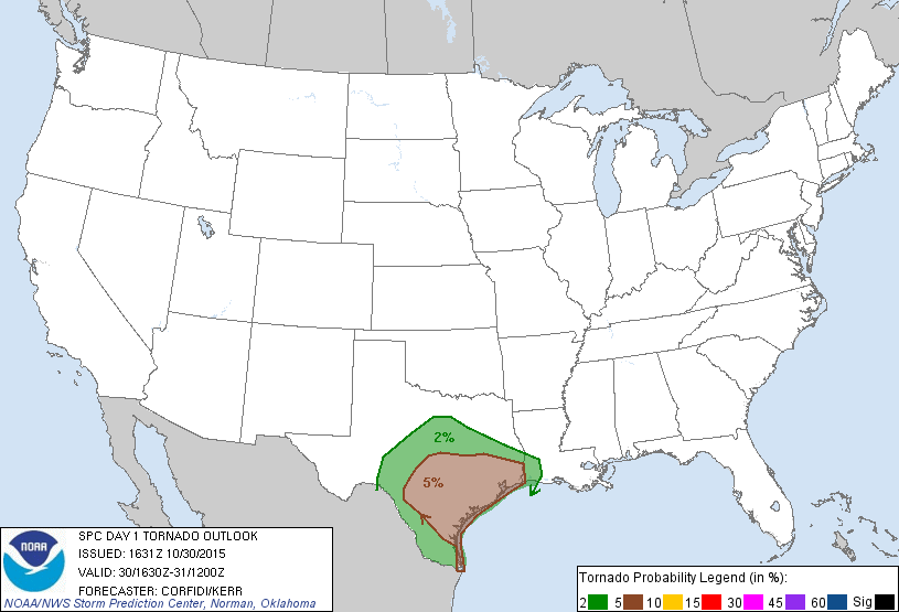 20151030 1630 UTC Day 1 Tornado Probabilities Graphic