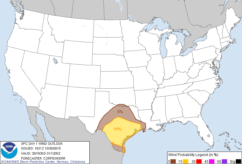 20151030 1630 UTC Day 1 Damaging Wind Probabilities Graphic