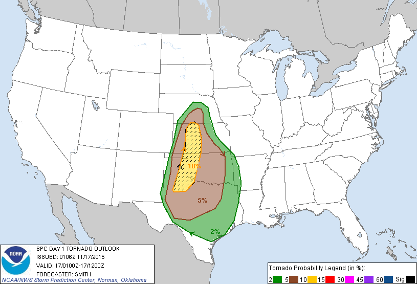 20151117 0100 UTC Day 1 Tornado Probabilities Graphic