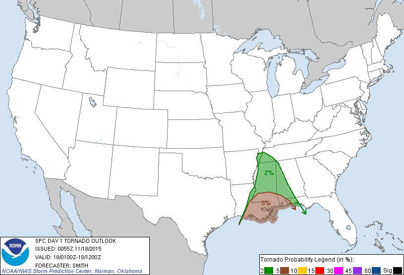 20151118 0100 UTC Day 1 Tornado Probabilities Graphic