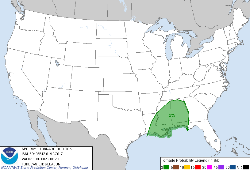 20170119 1200 UTC Day 1 Tornado Probabilities Graphic