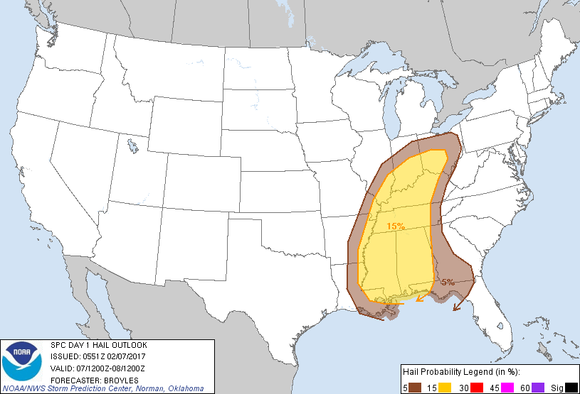 20170207 1200 UTC Day 1 Large Hail Probabilities Graphic