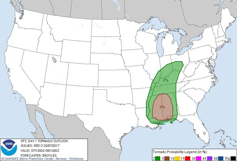 20170207 1200 UTC Day 1 Tornado Probabilities Graphic