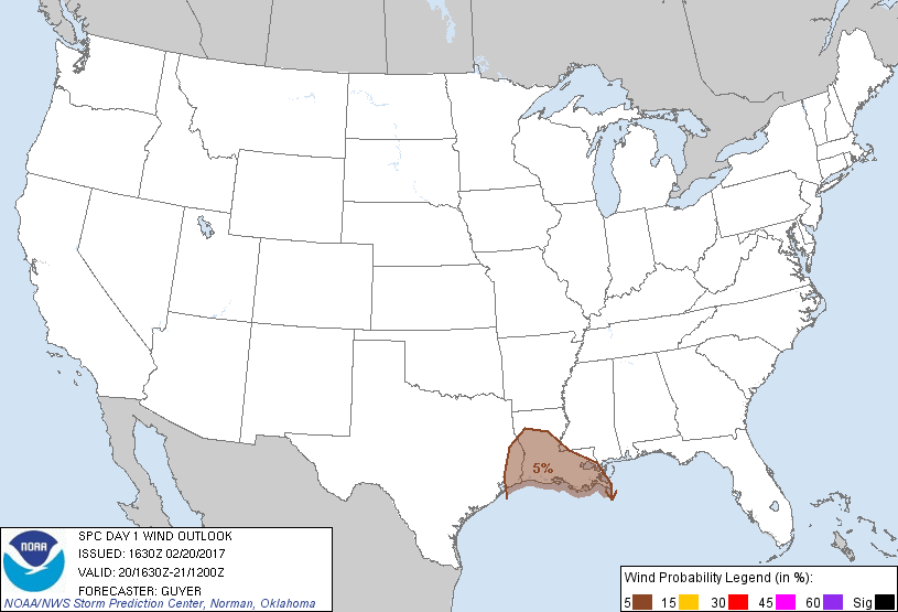 20170220 1630 UTC Day 1 Damaging Wind Probabilities Graphic