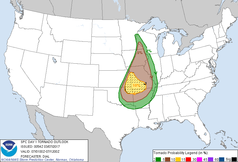 20170307 0100 UTC Day 1 Tornado Probabilities Graphic