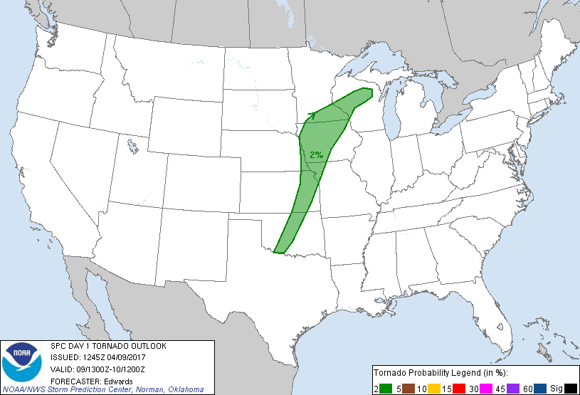 20170409 1300 UTC Day 1 Tornado Probabilities Graphic