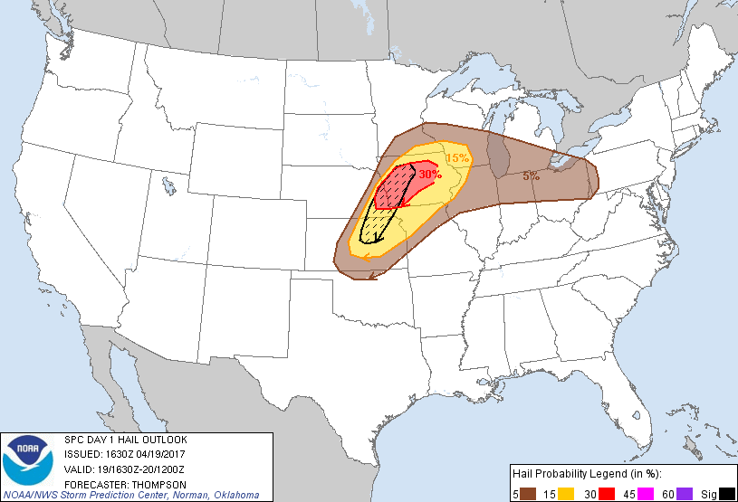 20170419 1630 UTC Day 1 Large Hail Probabilities Graphic