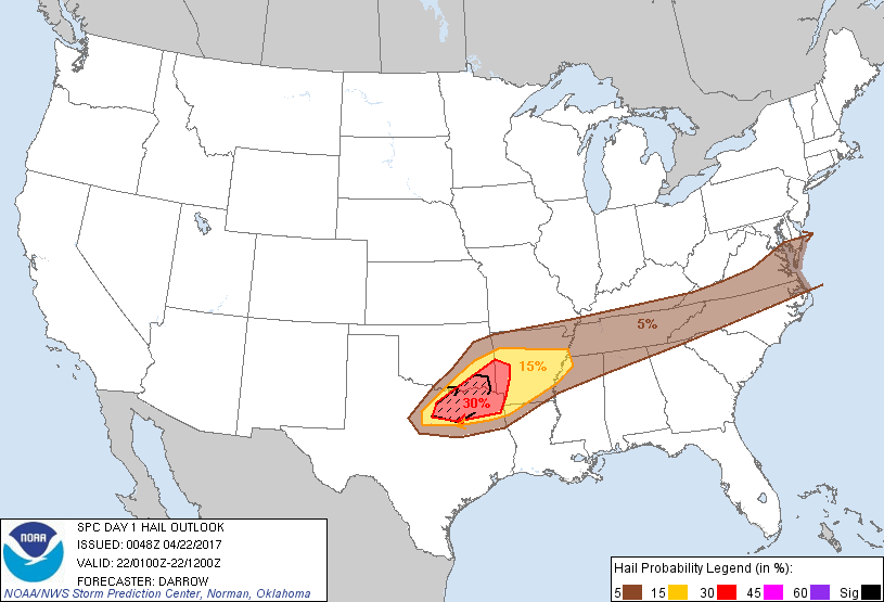 20170422 0100 UTC Day 1 Large Hail Probabilities Graphic