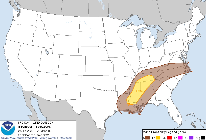 20170422 1200 UTC Day 1 Damaging Wind Probabilities Graphic