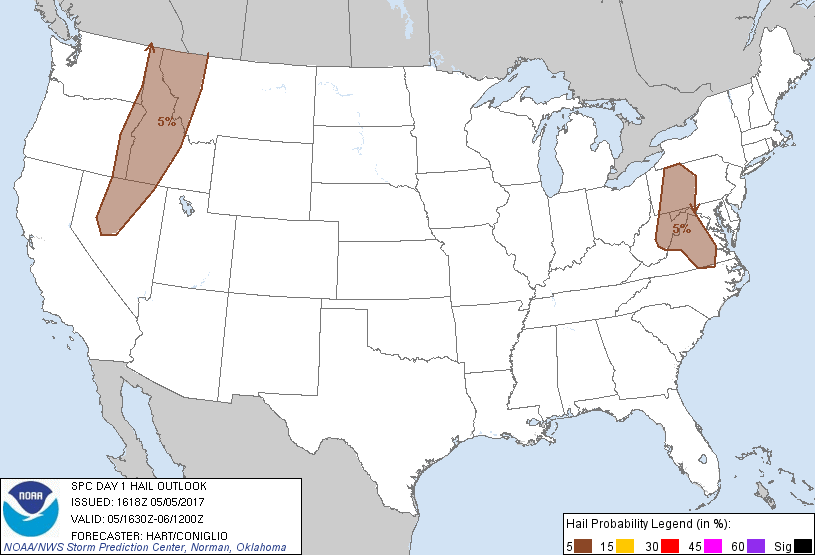 20170505 1630 UTC Day 1 Large Hail Probabilities Graphic