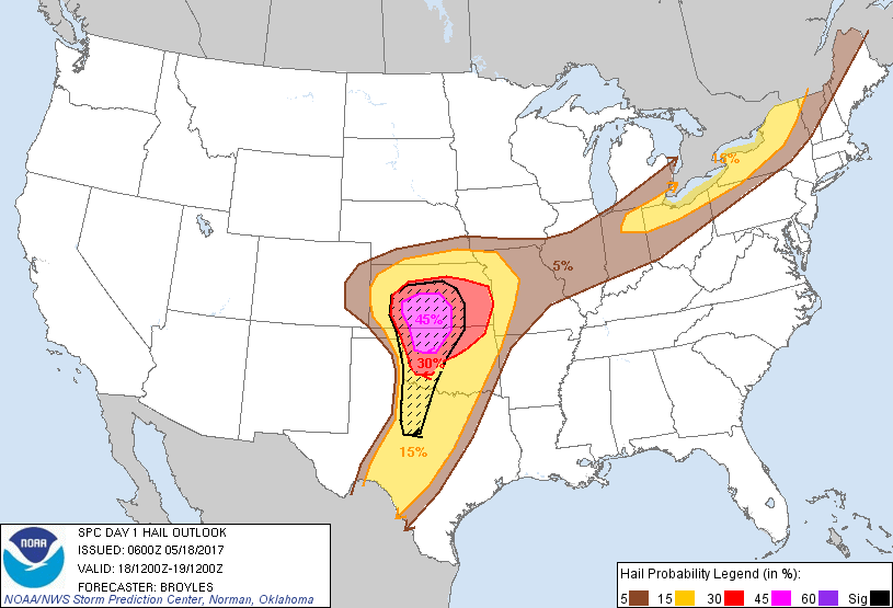 20170518 1200 UTC Day 1 Large Hail Probabilities Graphic