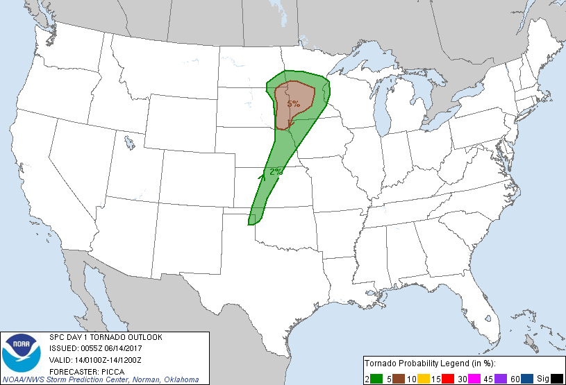 20170614 0100 UTC Day 1 Tornado Probabilities Graphic