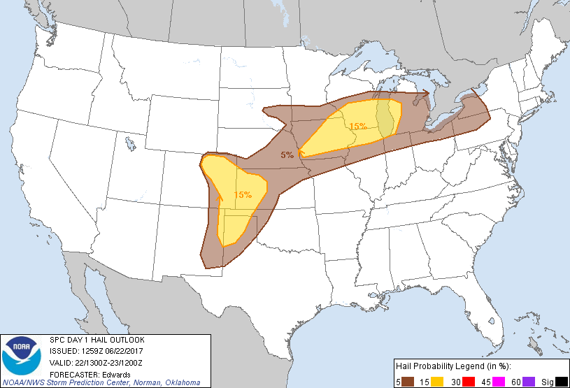 20170622 1300 UTC Day 1 Large Hail Probabilities Graphic