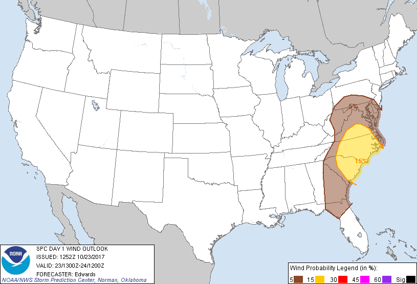 20171023 1300 UTC Day 1 Damaging Wind Probabilities Graphic