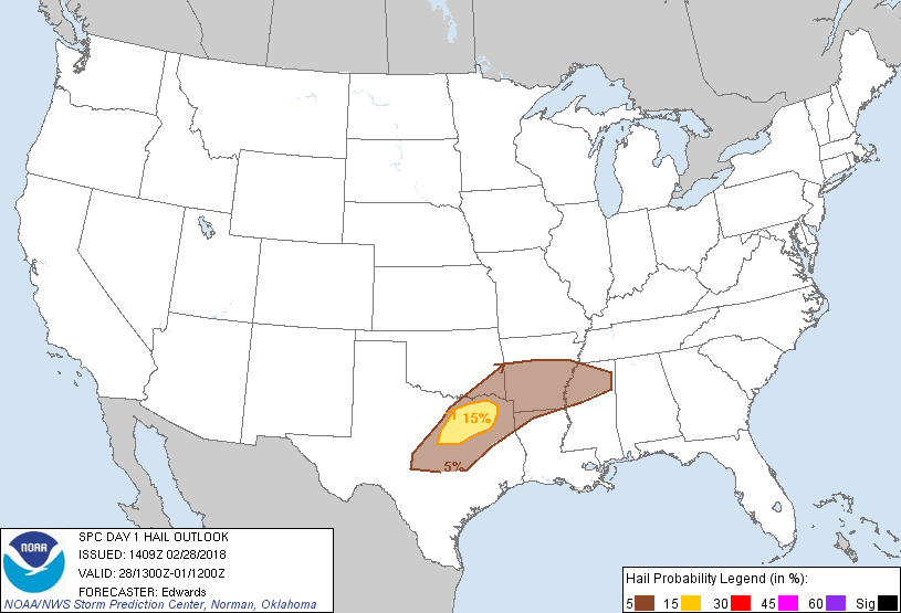 20180228 1300 UTC Day 1 Large Hail Probabilities Graphic