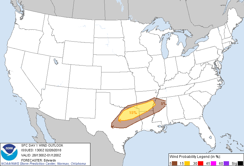 20180228 1300 UTC Day 1 Damaging Wind Probabilities Graphic