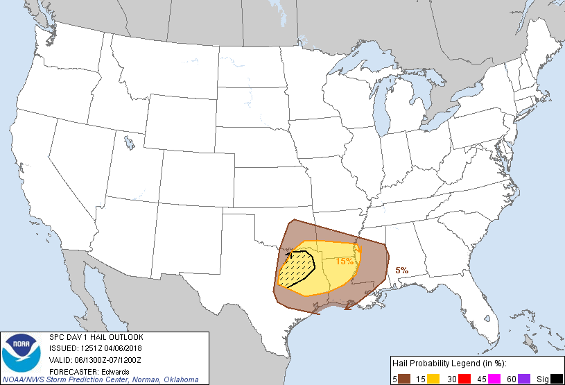 20180406 1300 UTC Day 1 Large Hail Probabilities Graphic