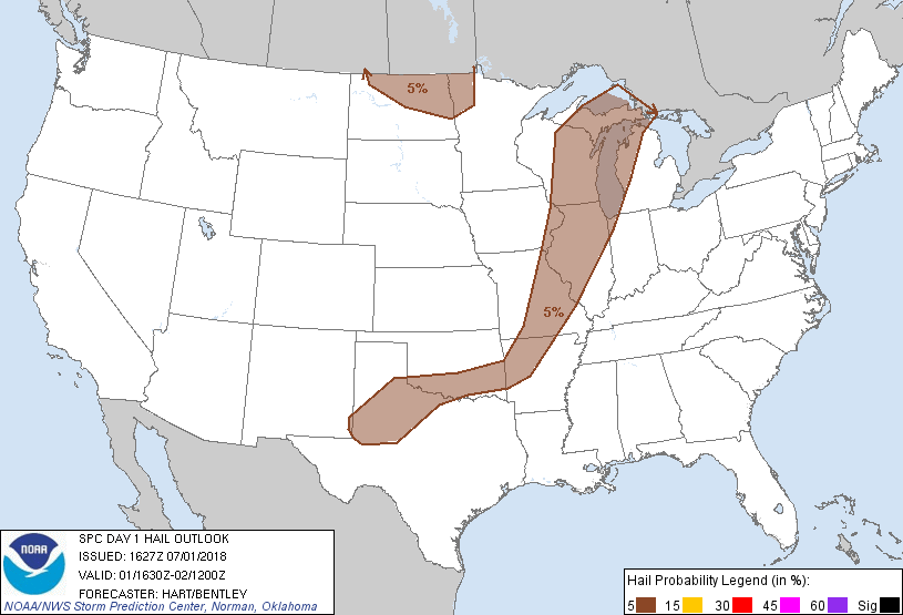 20180701 1630 UTC Day 1 Large Hail Probabilities Graphic