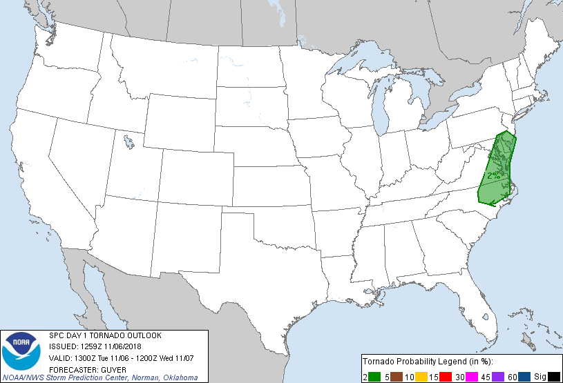 20181106 1300 UTC Day 1 Tornado Probabilities Graphic