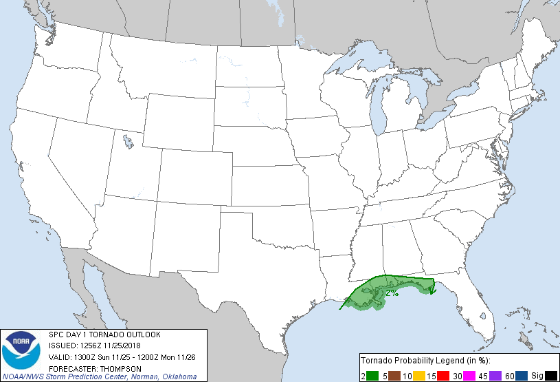 20181125 1300 UTC Day 1 Tornado Probabilities Graphic