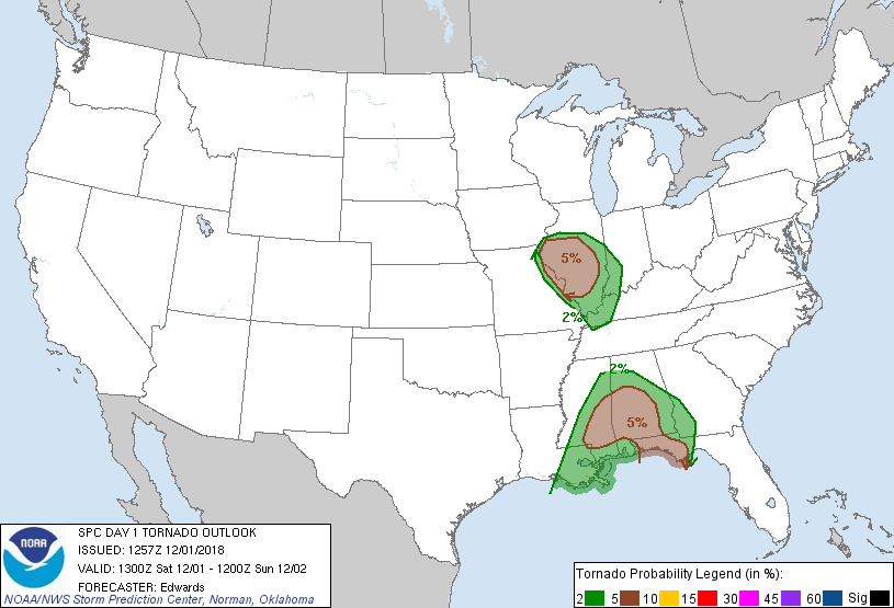 20181201 1300 UTC Day 1 Tornado Probabilities Graphic