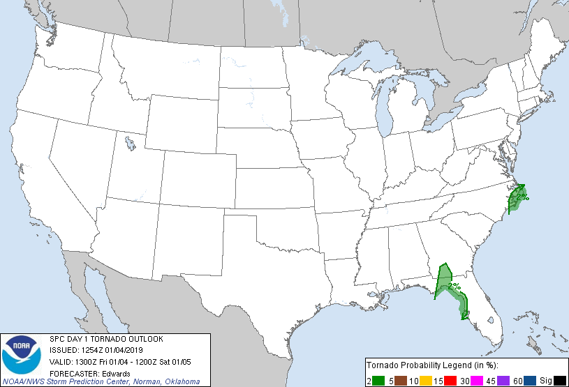 20190104 1300 UTC Day 1 Tornado Probabilities Graphic