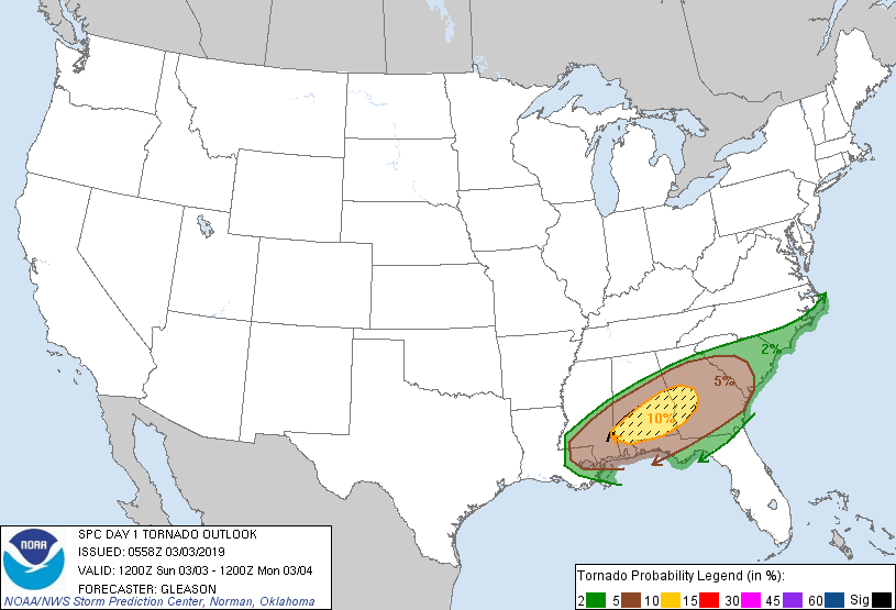 20190303 1200 UTC Day 1 Tornado Probabilities Graphic