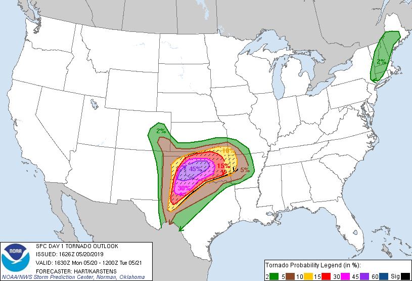 20190520 1630 UTC Day 1 Tornado Probabilities Graphic