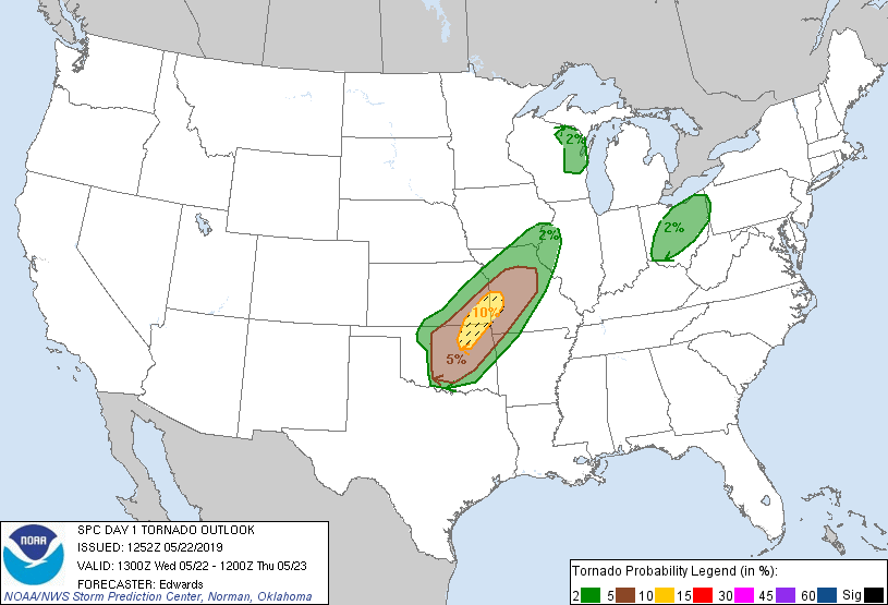 20190522 1300 UTC Day 1 Tornado Probabilities Graphic