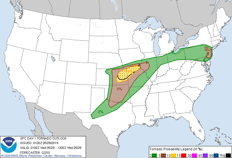 20190529 0100 UTC Day 1 Tornado Probabilities Graphic