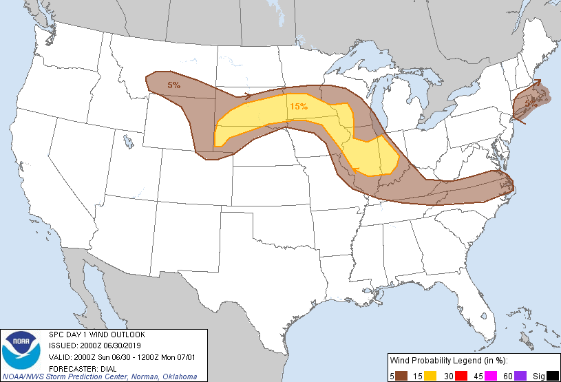 20190630 2000 UTC Day 1 Damaging Wind Probabilities Graphic