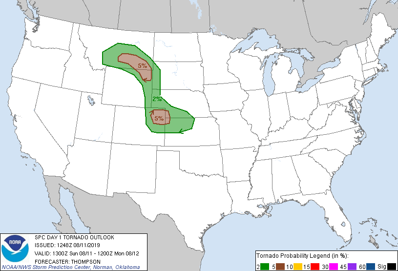 20190811 1300 UTC Day 1 Tornado Probabilities Graphic