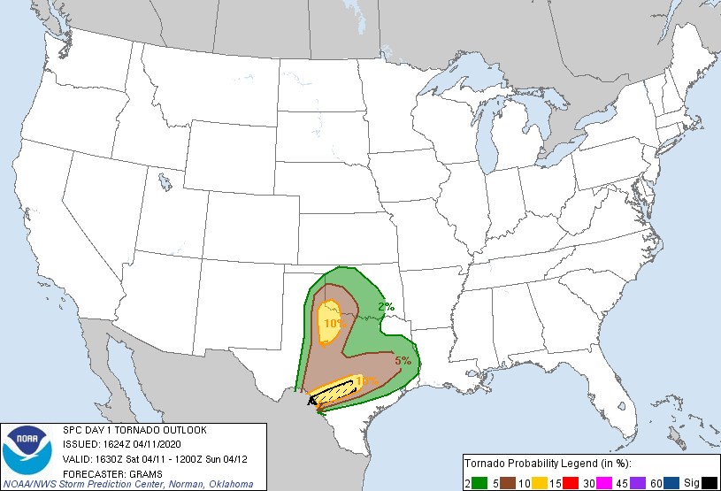 20200411 1630 UTC Day 1 Tornado Probabilities Graphic