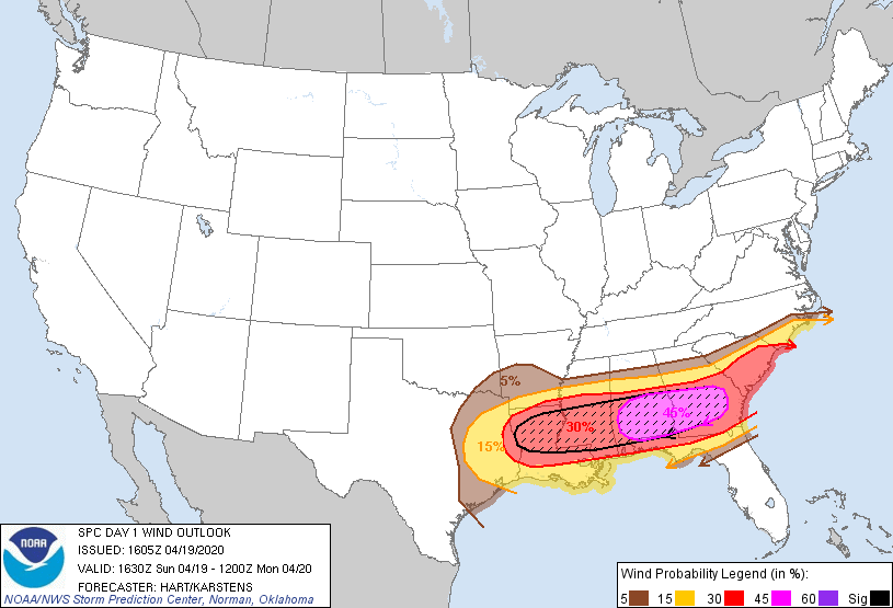 20200419 1630 UTC Day 1 Damaging Wind Probabilities Graphic