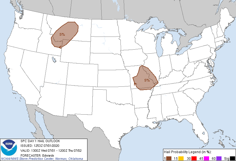 20200701 1300 UTC Day 1 Large Hail Probabilities Graphic