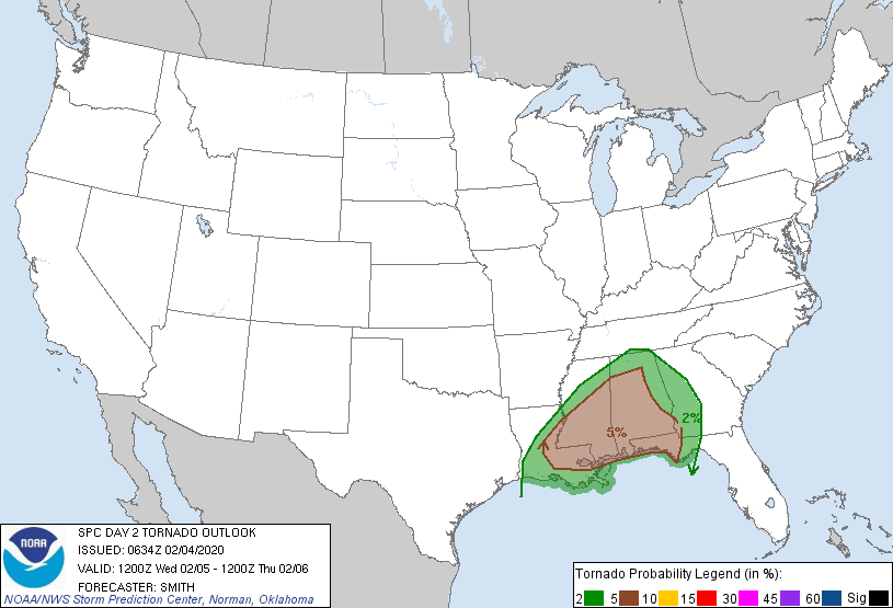 20200204 0700 UTC Day 2 Tornado Probabilities Graphic